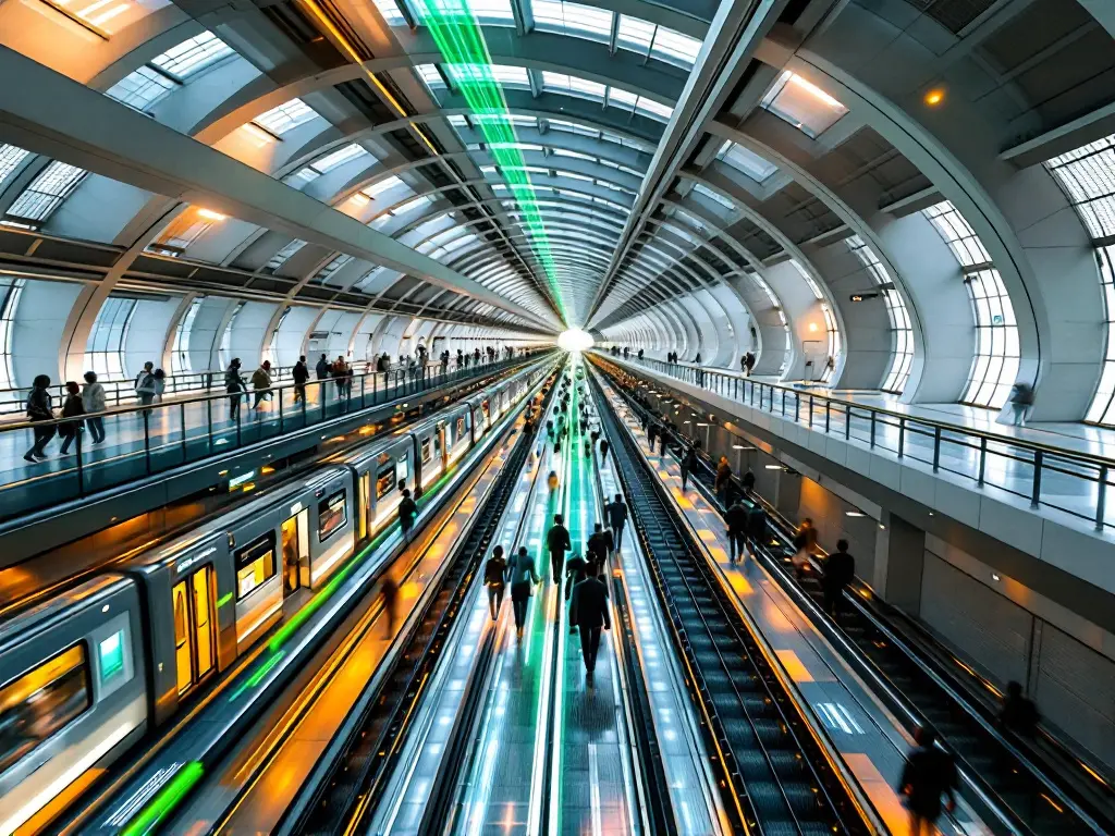 Illustration générée par IA : station de métro voûtée avec rames et voyageurs, trait vert au plafond
