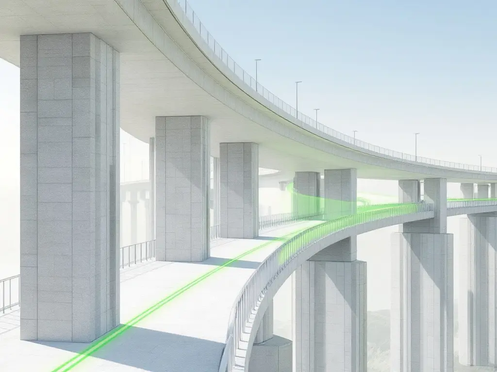 Illustration générée par IA : viaduc courbe en béton, avec une fibre optique figurée en vert le long du tablier