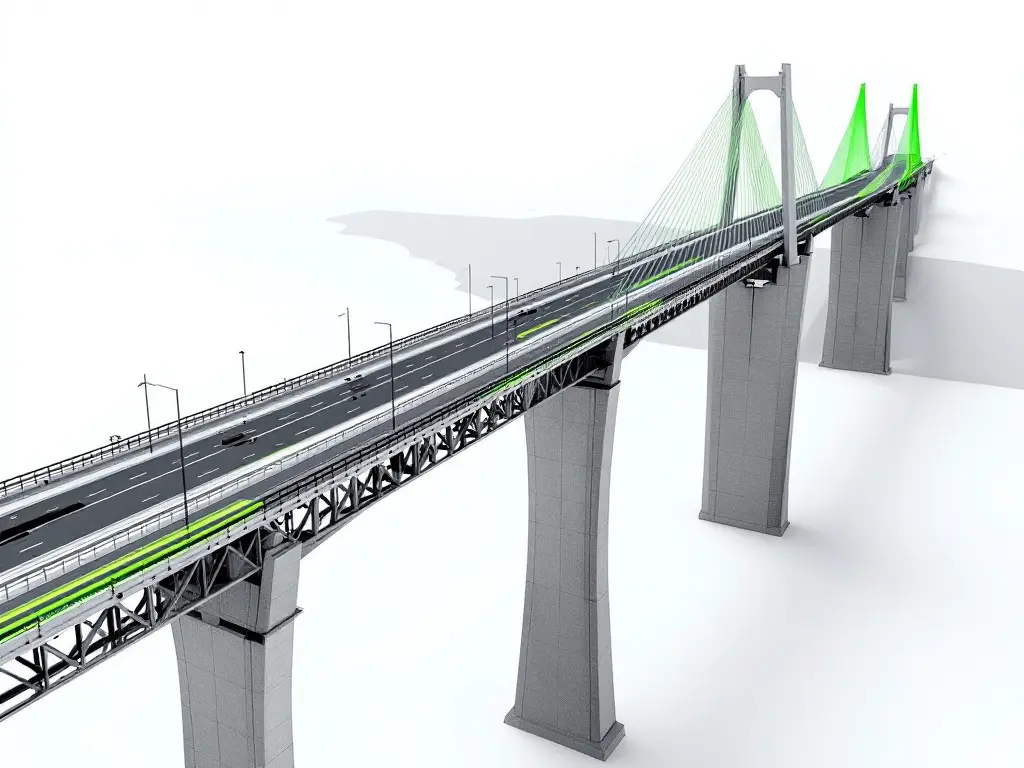 Illustration générée par IA : pont à haubans autoroutier, haubans et tablier surlignés en vert