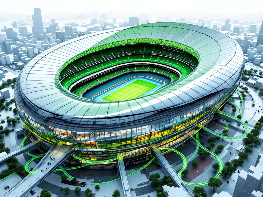 Illustration générée par IA : stade vu du ciel, entouré d'un réseau de fibre optique figuré en vert