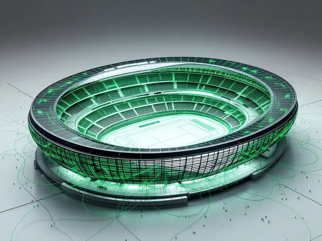 Illustration générée par IA : maquette filaire d'un stade parcourue de lignes vertes, évoquant son jumeau numérique