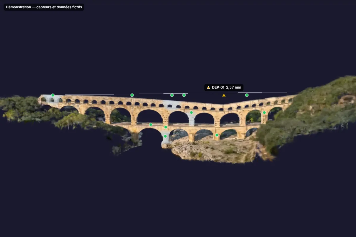 Capture du viewer 3D SensyTwin : le Pont du Gard de face, avec sa déformée amplifiée 5 000 fois au tassement mesuré par le capteur de déplacement fictif DEP-01, sous le trait de l'axe au repos