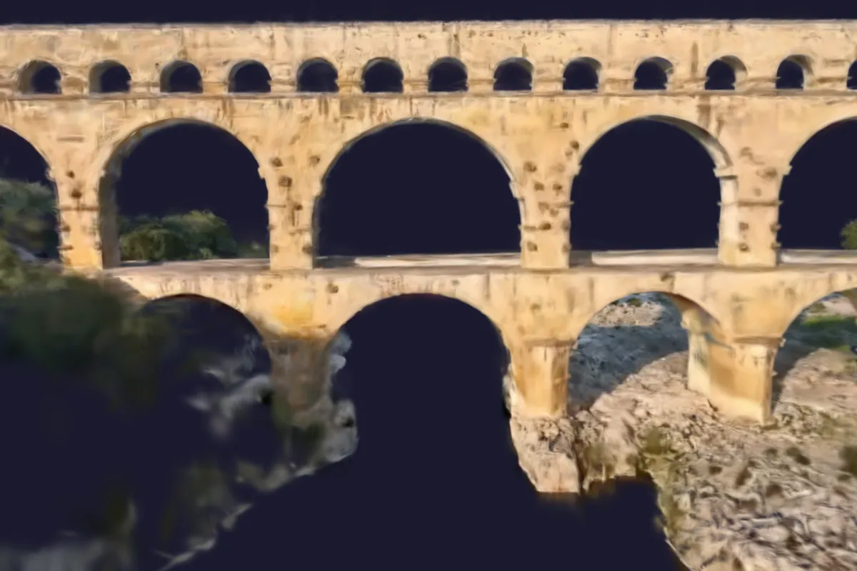 Capture du viewer 3D SensyTwin : gros plan sur les arches du Pont du Gard, rendu en Gaussian splatting
